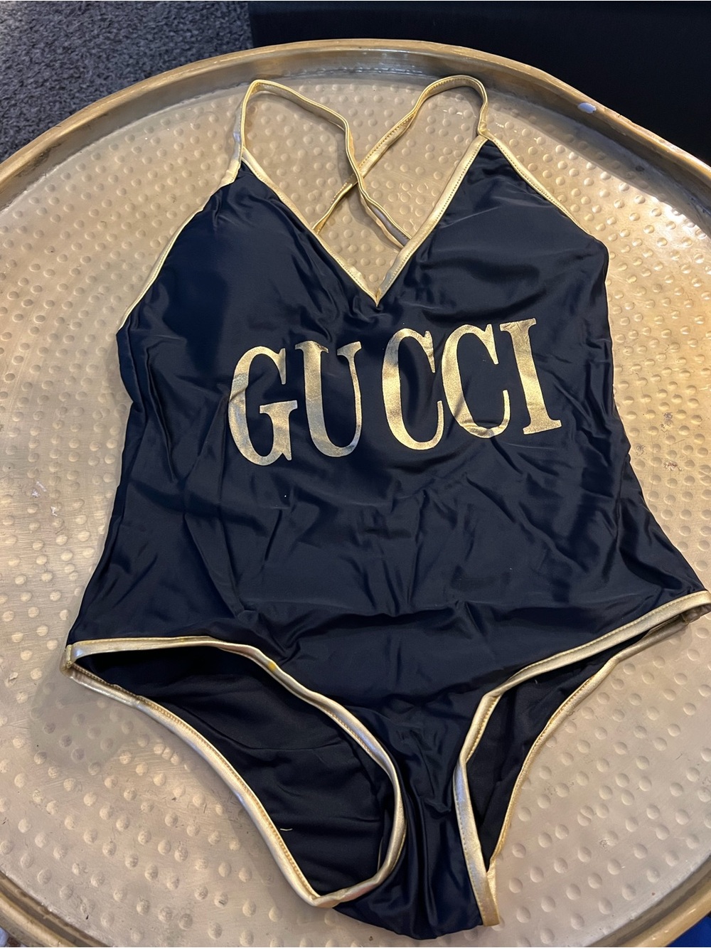 GUCCI rare Black One-Piece Swimsuit with Gold Trim - Picture 2 of 4